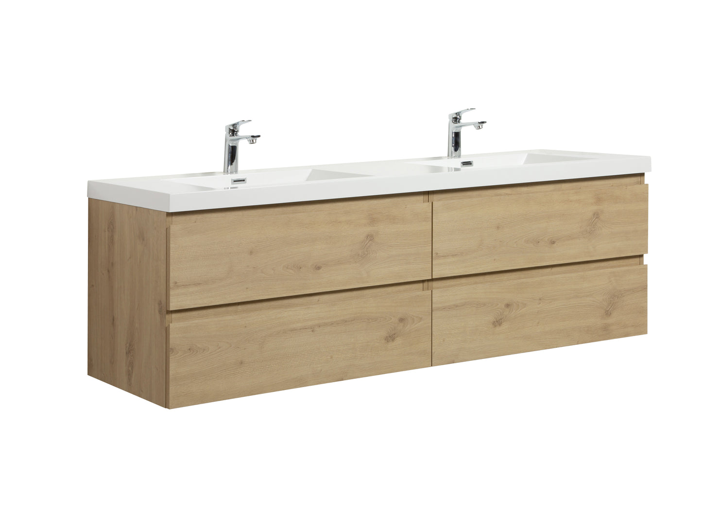 Alma-Pre 4 Drawers Wall Mount Vanity, Integrated White Sink, Natural Oak, 72"