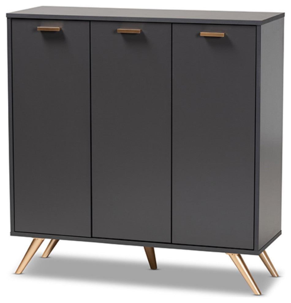 Kelson Dark Gray and Gold Finished Wood 3-Door Shoe Cabinet