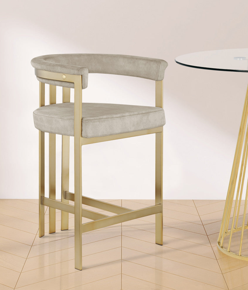 Marcello Upholstered Counter Stool, Stone, Velvet, Brushed Brass
