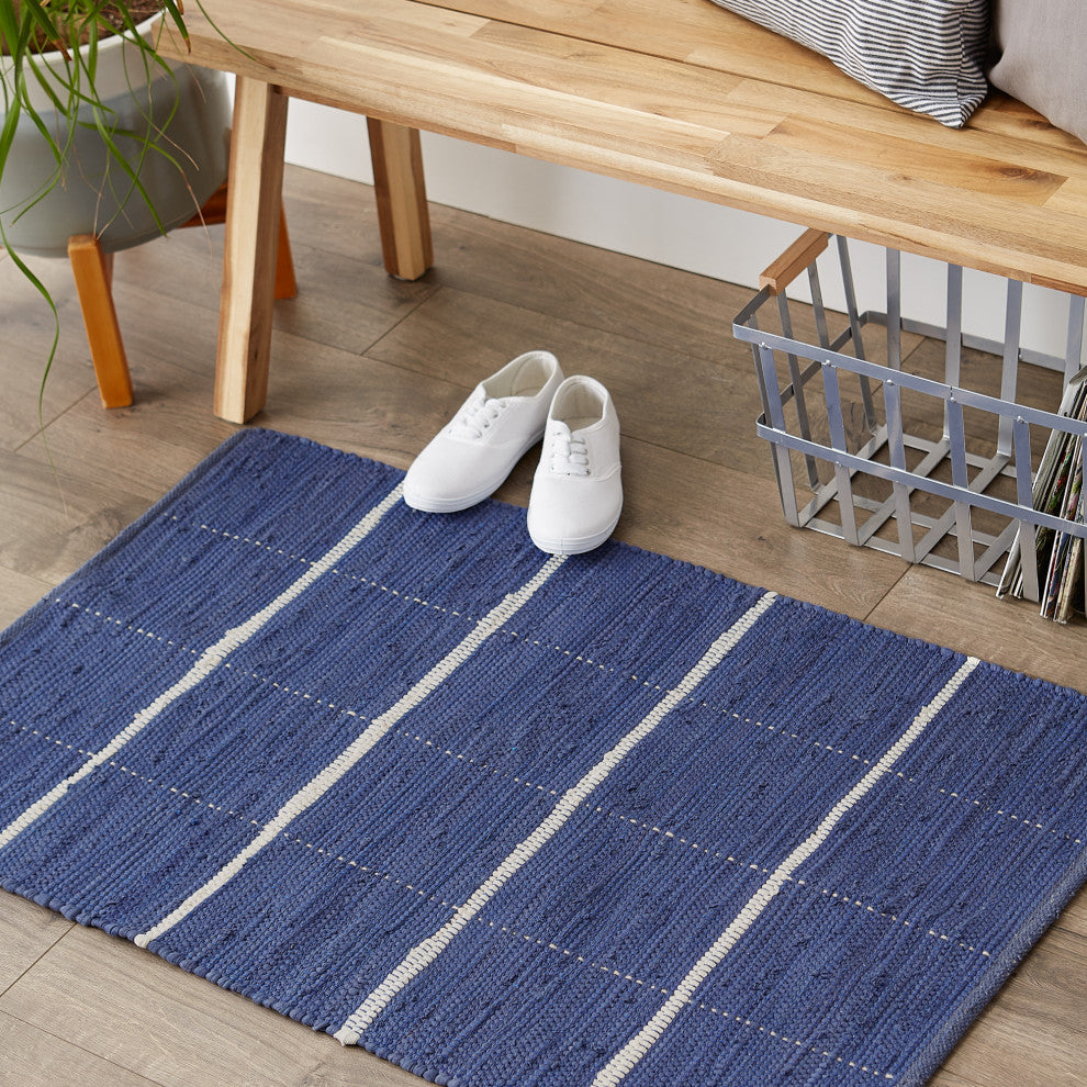 French Blue and Cream Farmhouse Check Rug 26x40 inches