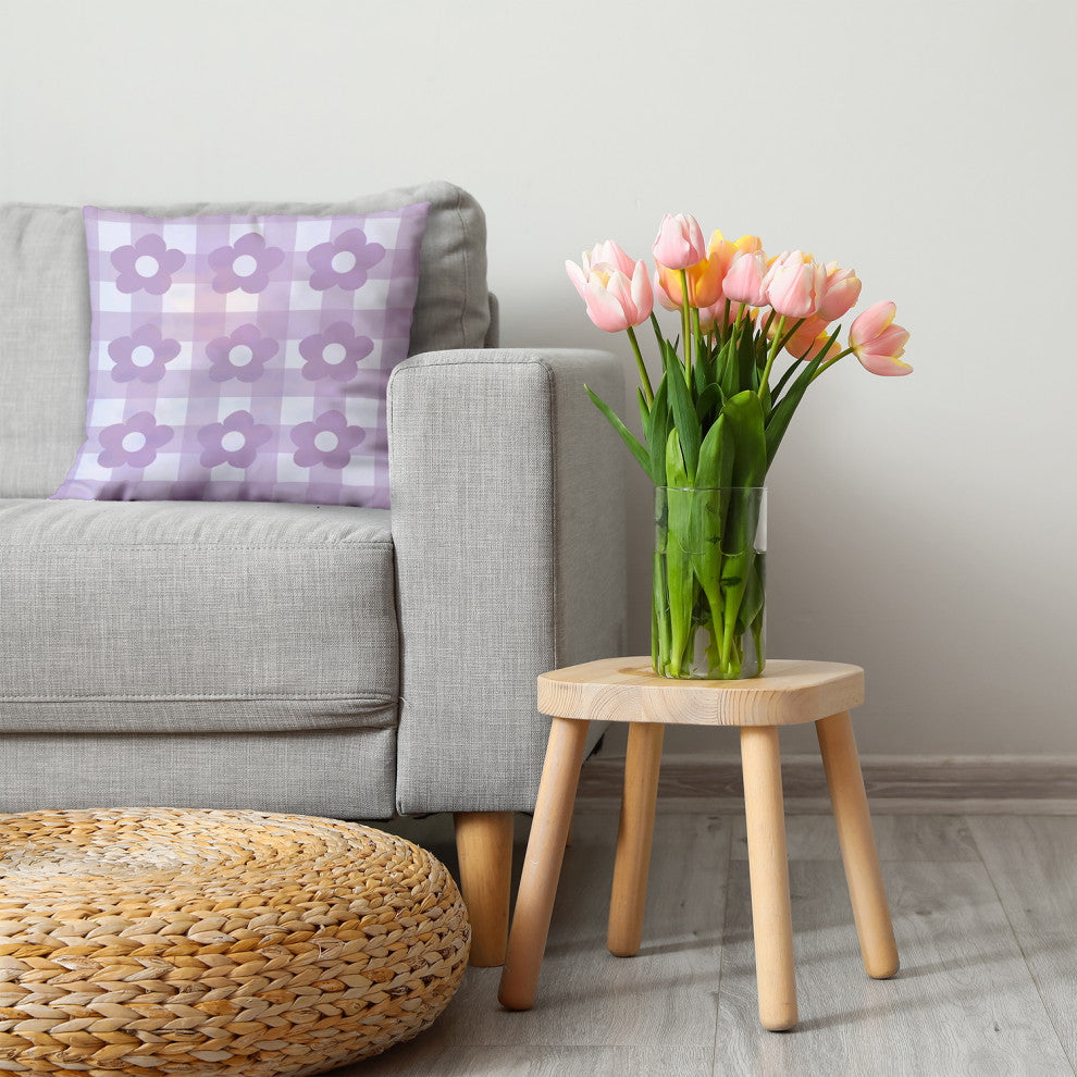 Flowers on Gingham Decorative Throw Pillow, Purple, 20"x20"