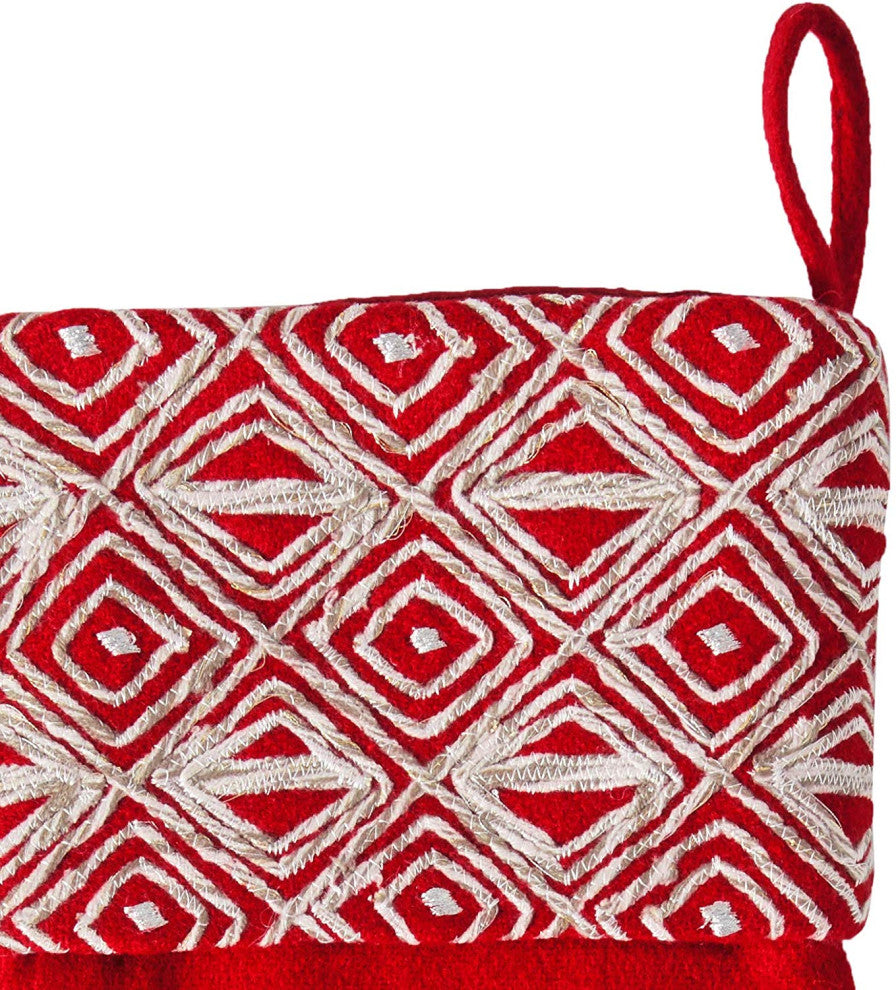 Red Christmas Stocking With Geo Embroidered Cuff, Recycled Wool