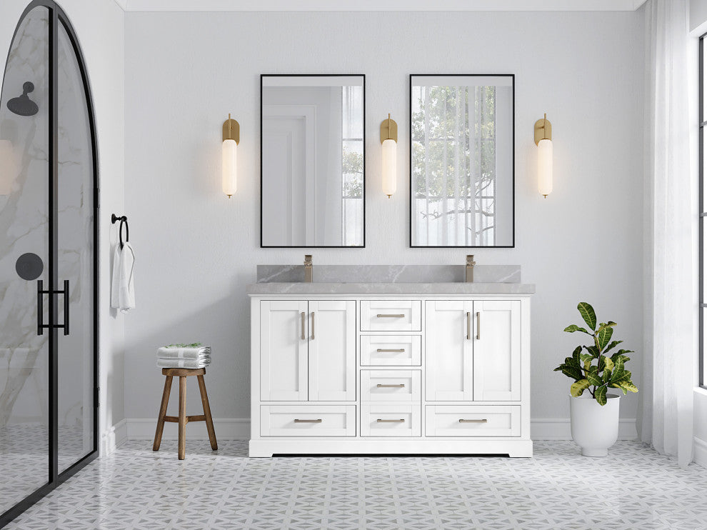 Boston 60 Double Bathroom Vanity in White 2" Pearl Gray