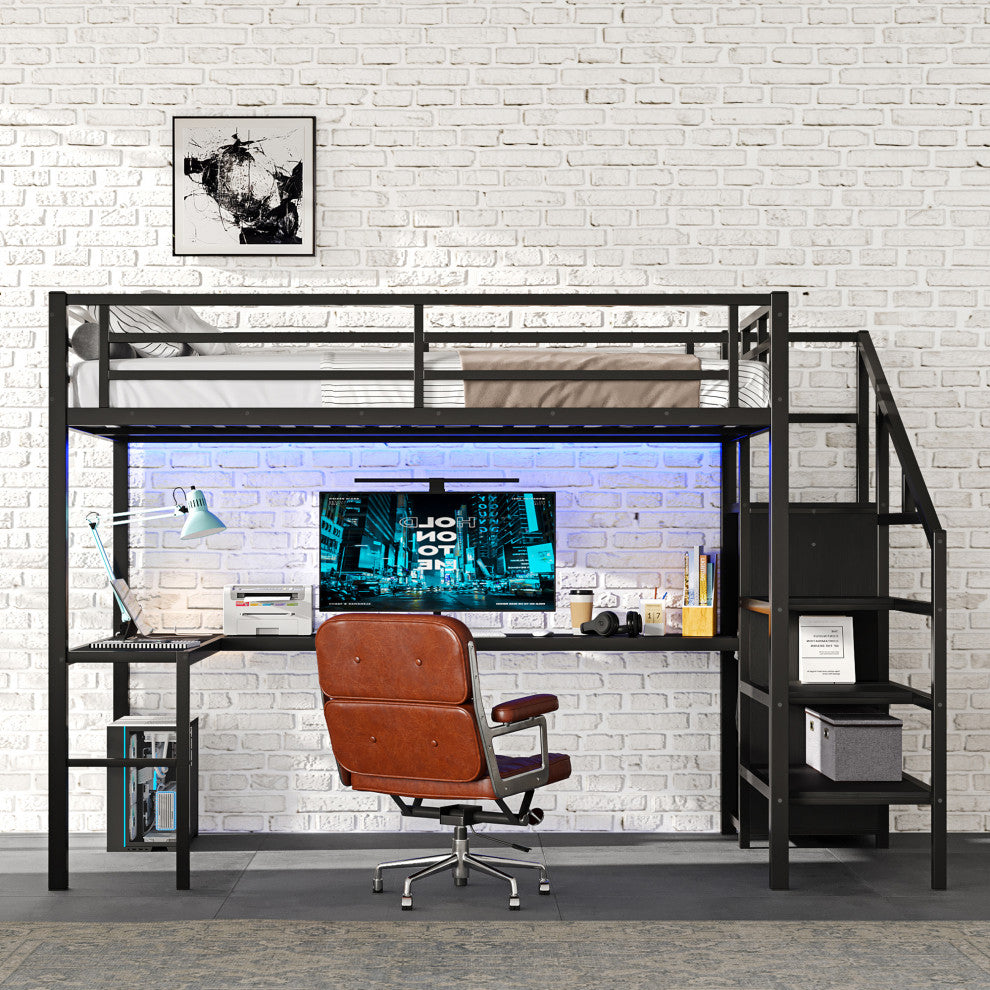Gewnee Full Size Loft Bed with L-shaped Desk and USB
