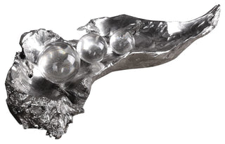 Abstract Silver Organic Leaf Sculpture, Glass Spheres Art Elegant