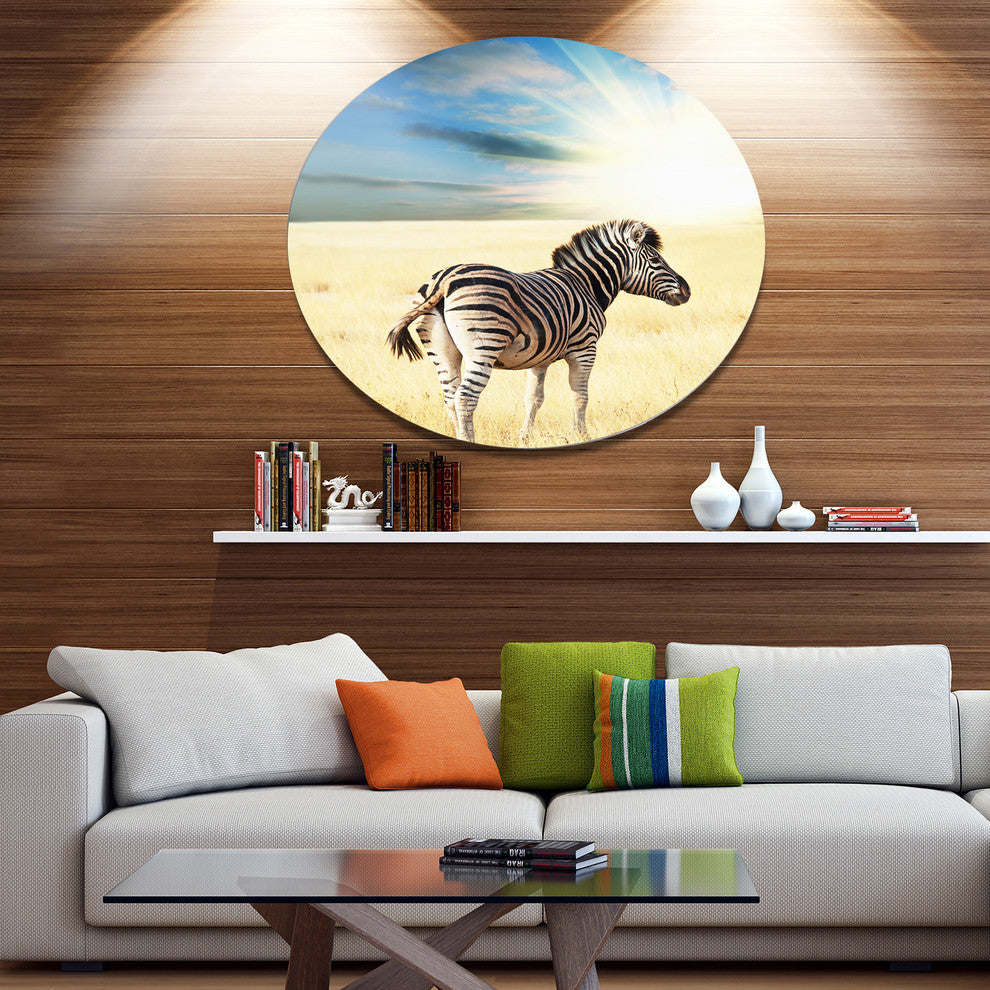 Wandering Zebra At Bright Sunrise, African Round Wall Art, 36"