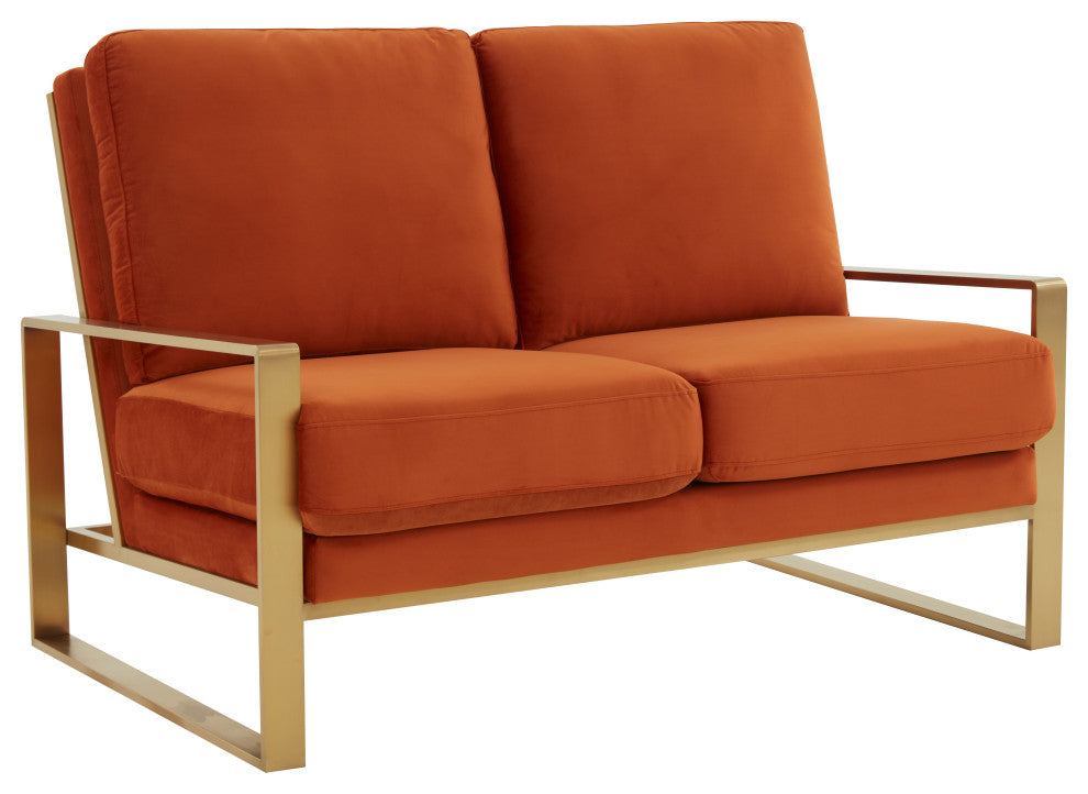 LeisureMod Jefferson Modern Design Velvet Loveseat With Gold Frame, Orange