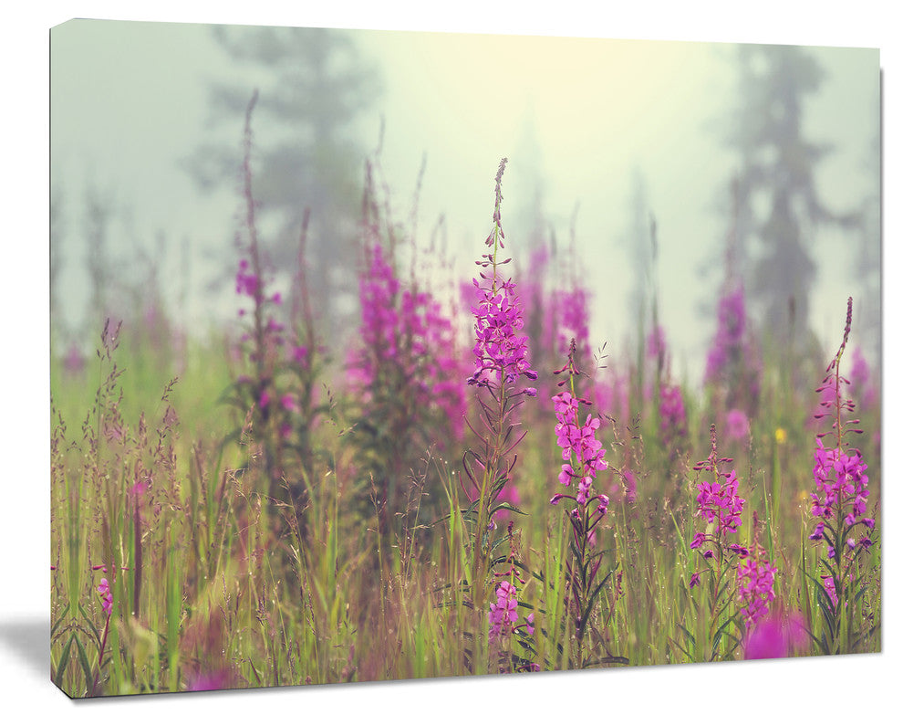 Purple Summer Flowers in Foggy Field, Floral Art Canvas Print, 20"x12"
