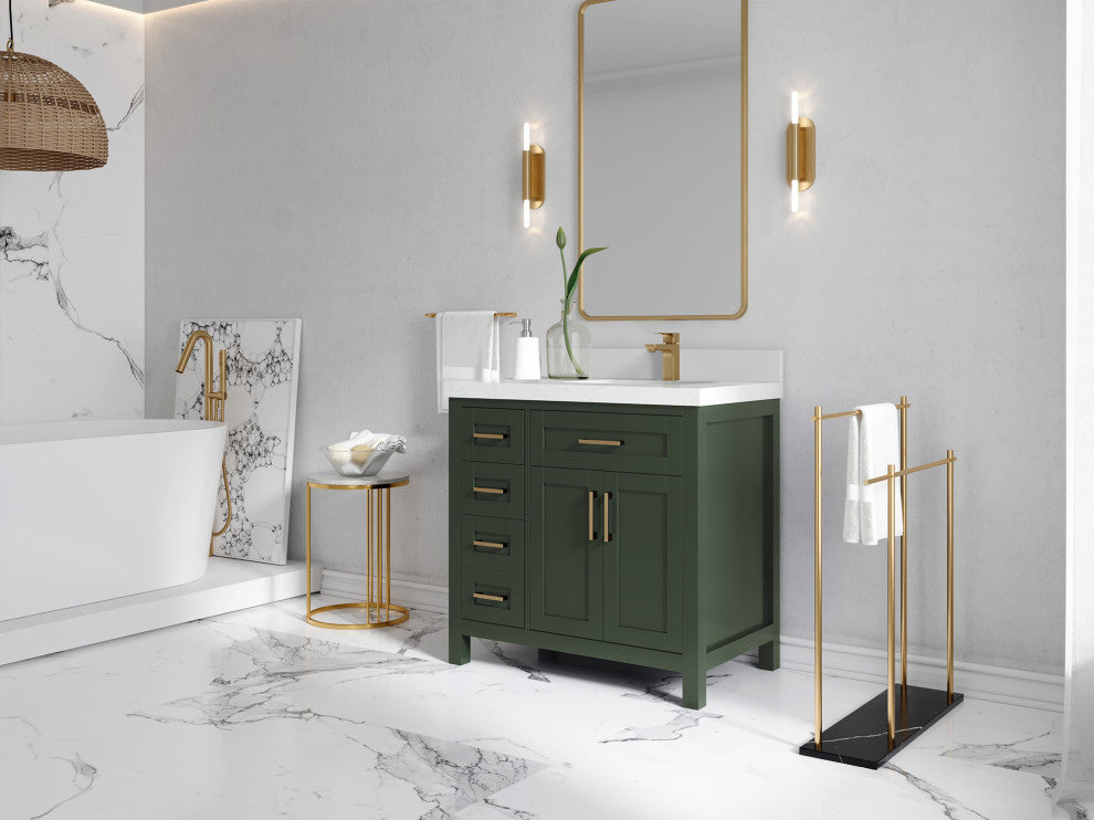 Cambridge 36 Right Offset Bath Vanity in Pewter Green 2" Carrara Marble
