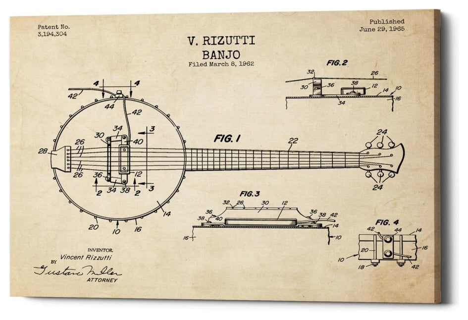 Epic Graffiti "Banjo Blueprint Patent Parchment" Giclee Canvas Wall Art, 26"x40"