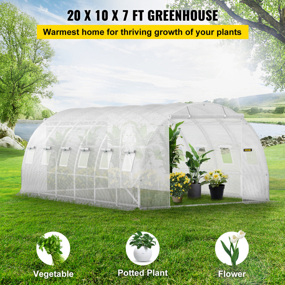VEVOR Walk-in Tunnel Greenhouse Galvanized Frame & Waterproof Cover 20x10x7 ft