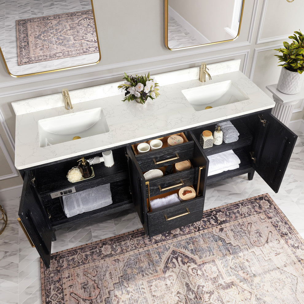 Gara Bath Vanity, Stone Top, Fir Wood Black, 72", Double Vanity, No Mirror