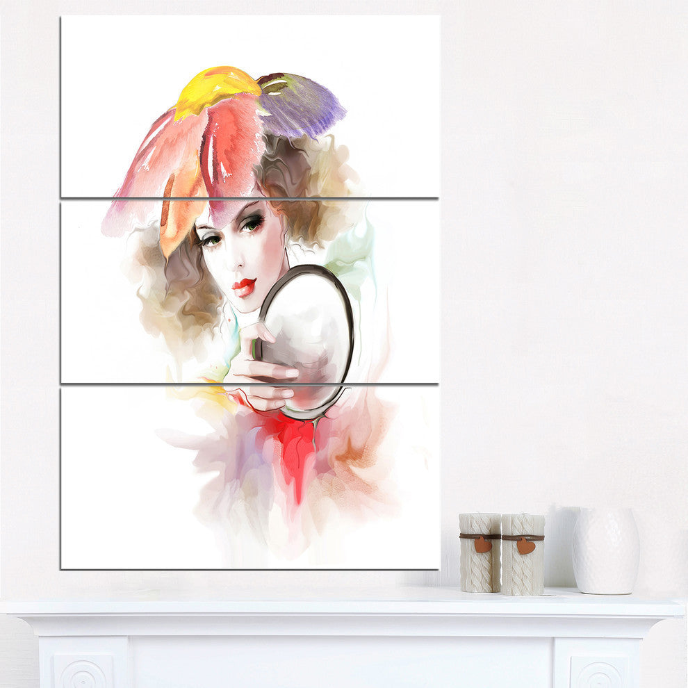 "Woman With Mirror" Digital Glossy Metal Wall Art, 3 Panels, 28"x36"