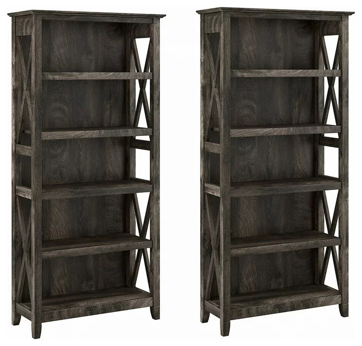 Set of 2 Farmhouse Bookcase, Open Shelves With X-Sides, Dark Gray Hickory