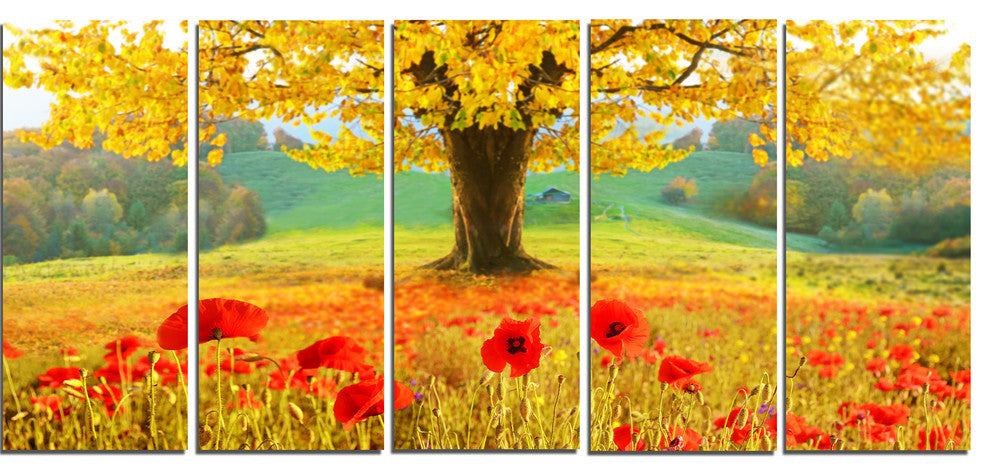 Beautiful Autumn Yellow Tree, Floral Canvas Art Print, 60"x28", 5 Panels