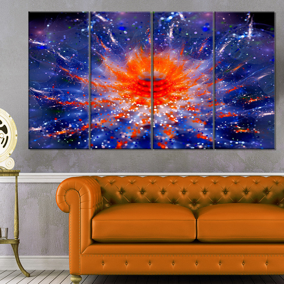 Colorful Glowing Flower in Space, Flower Artwork on Canvas, 48"x28", 4 Panels
