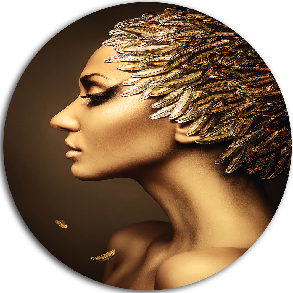 Woman With Gold Feather Hat, Contemporary Large Disc Metal Artwork, 36"