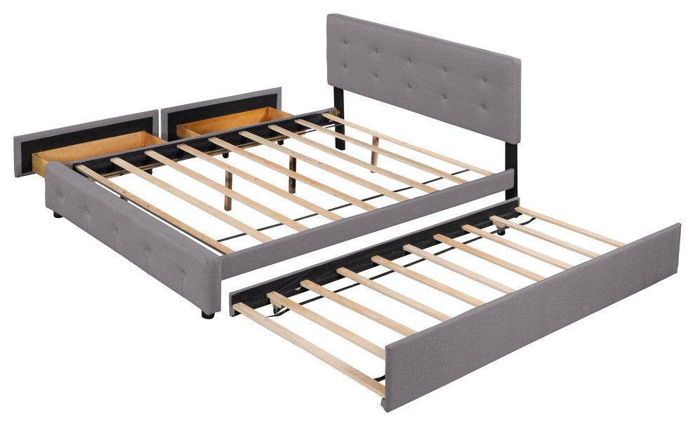 Queen Wood Frame Platform Bed with Drawers and Twin XL Trundle, Grey, Queen