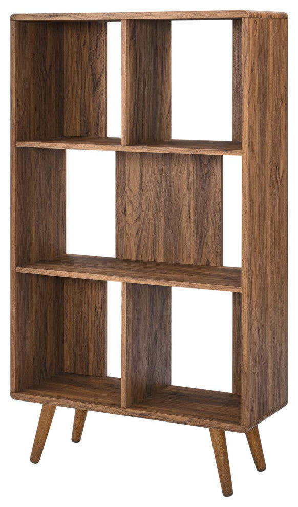 Bookcase Wall Shelf Rack, Walnut, Wood, Modern, Mid Century Hotel Lounge Cafe