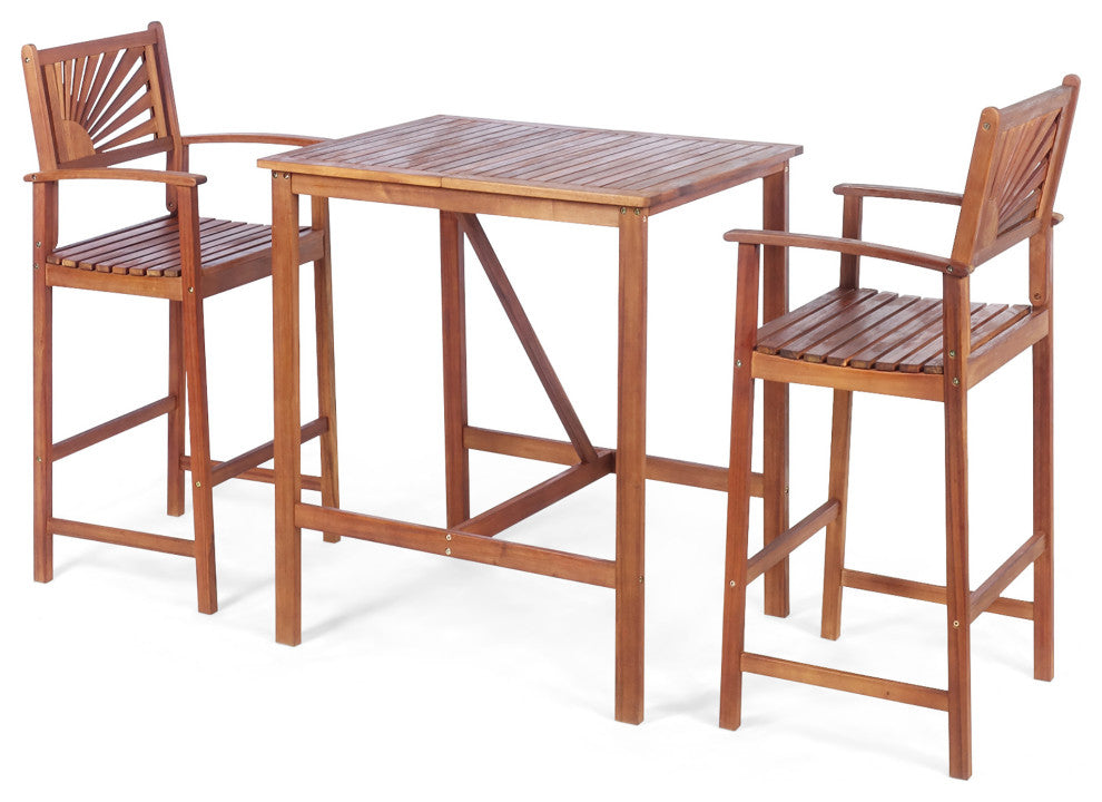 Costway 3PCS Bar Set Acacia Wood Bar Height Patio Bistro Dining Set Outdoor