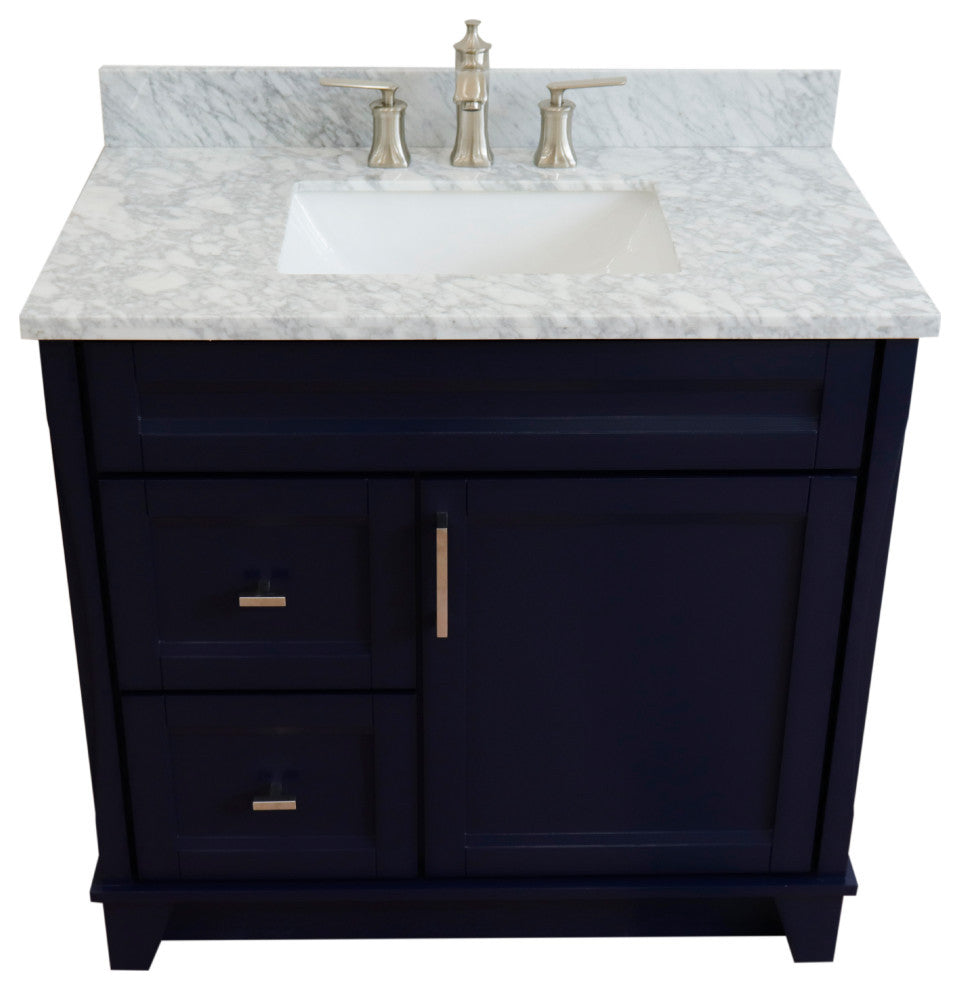 37" Single Sink Vanity, Blue Finish With White Carrara Marble