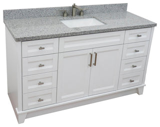 61" Single Sink Vanity, White Finish And Gray Granite And Rectangle Sink
