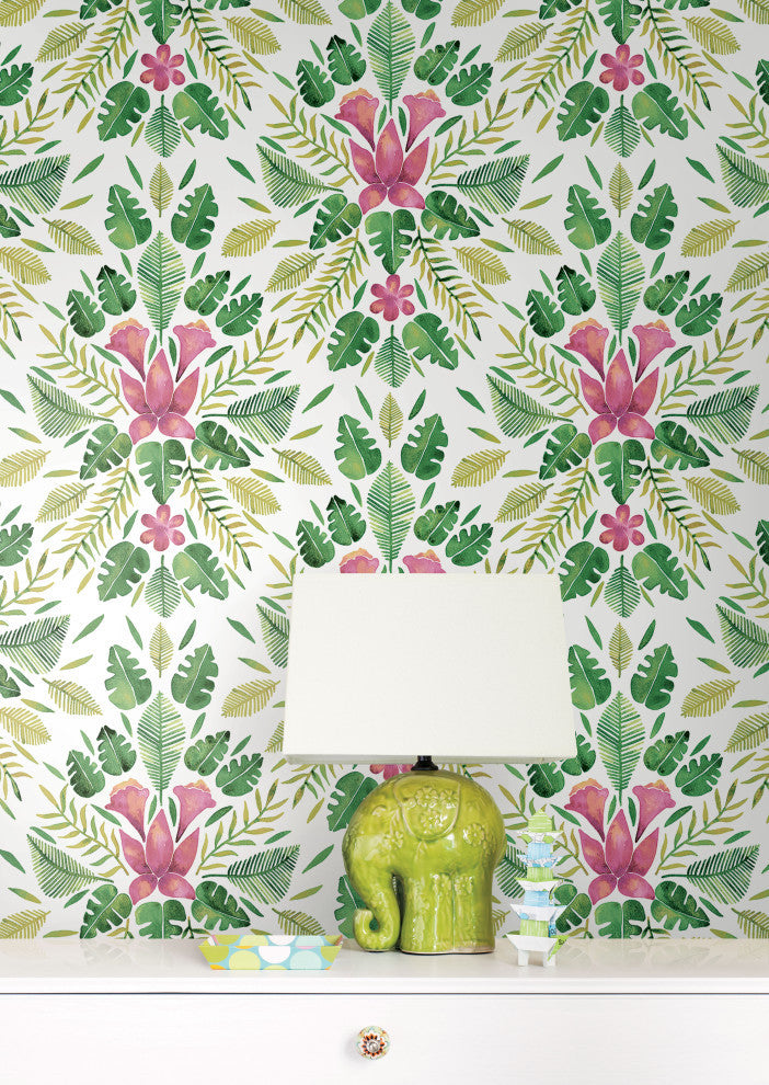 Green & Pink Green Cat Coquillette Tropical Peel & Stick Wallpaper
