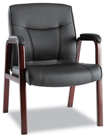Alera Madaris Series Leather Guest Chair With Wood Trim, 4-Legs, Black, Mahogany