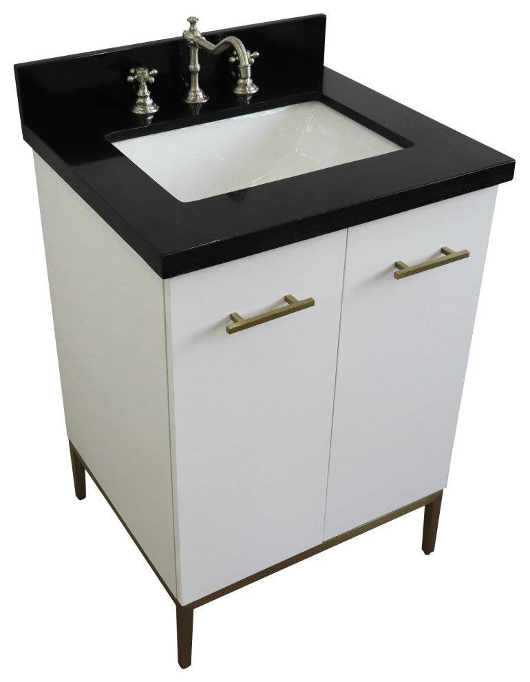25" Single Sink Vanity, White Finish With Black Galaxy Granite