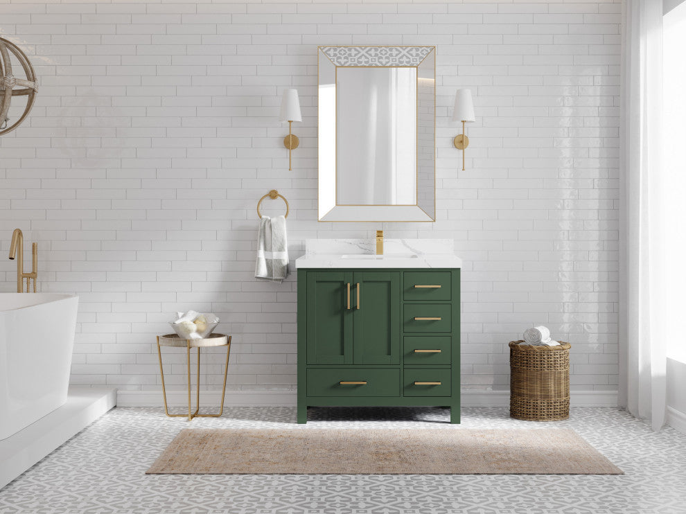 Malibu 36 Center Sink Bath Vanity in Lafayette Green 2" Calacatta Laza