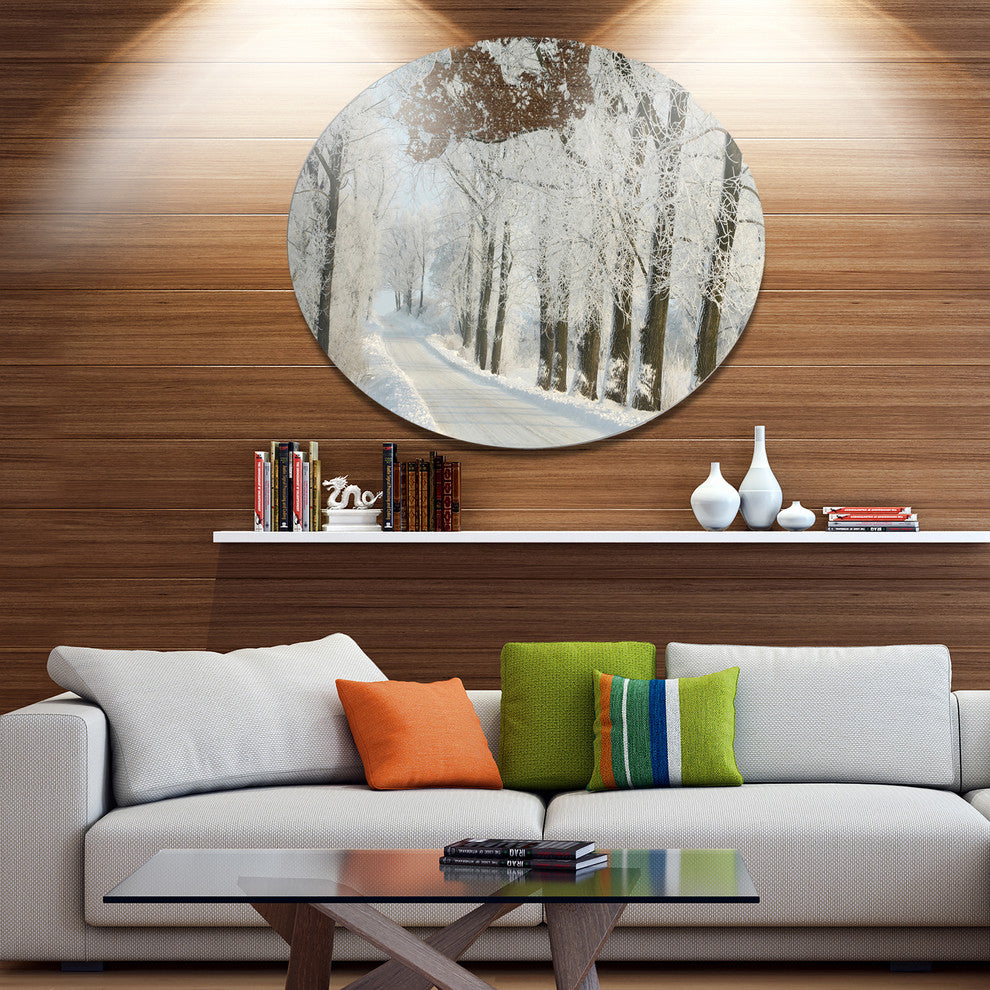 Winter Rural Road Among Frosted Trees, Forest Disc Metal Artwork, 23"