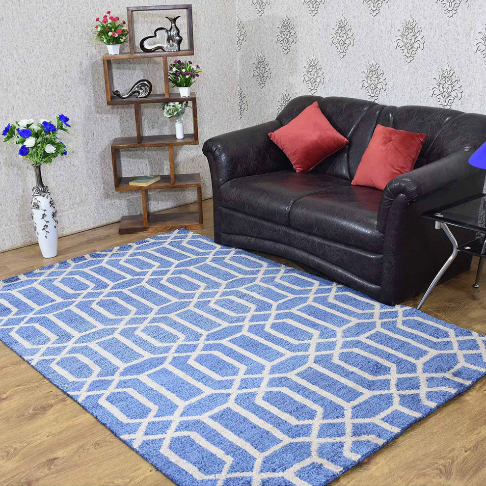 Hand Knotted Wool Area Rug Geometric Blue Beige