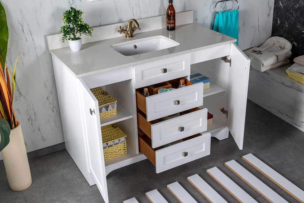 Livia Collection 48" Bath Vanity Quartz Top and Ceramic Sink, White, 48"