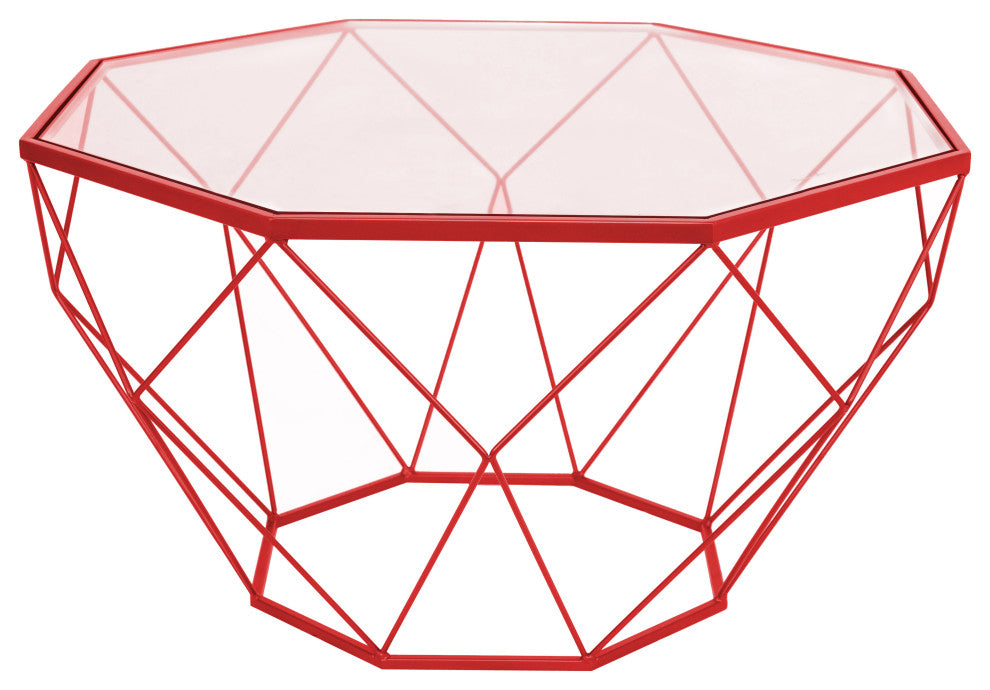 LeisureMod MD31R Malibu Large Octagon Glass Red Coffee Table With Geometric Base