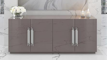 78.7" Modern Lurton Buffet Grey Lacquer Polished Stainless Steel Accent Handles