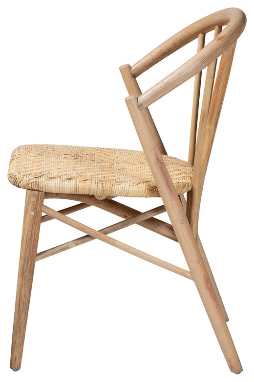 Mid-Century Modern Natural Brown Finished Wood and Rattan Dining Chair