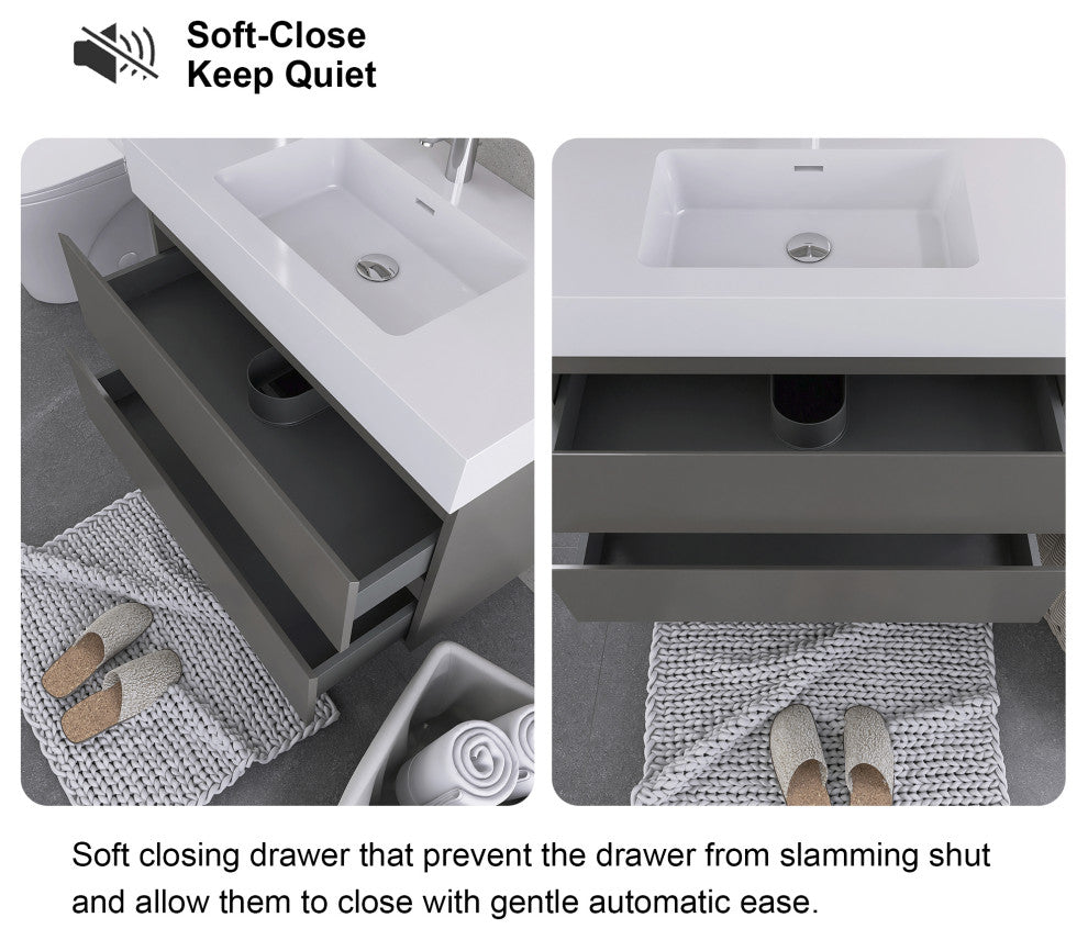 Wood Wall-Mounted Bathroom Vanity Set with Integrated Resin Sink, Grey, 36"