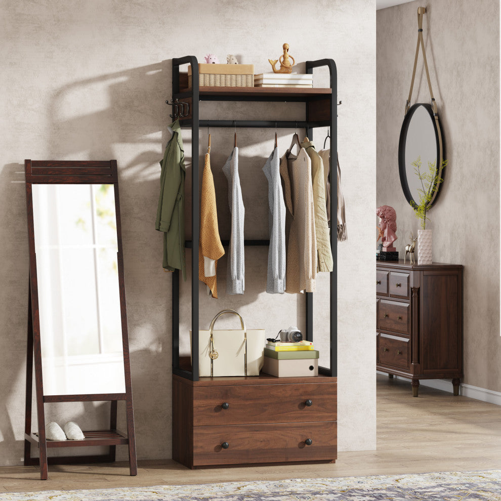 Hall Trees Small Clothes Rack Coat Rack With 2-Drawer and Shelves