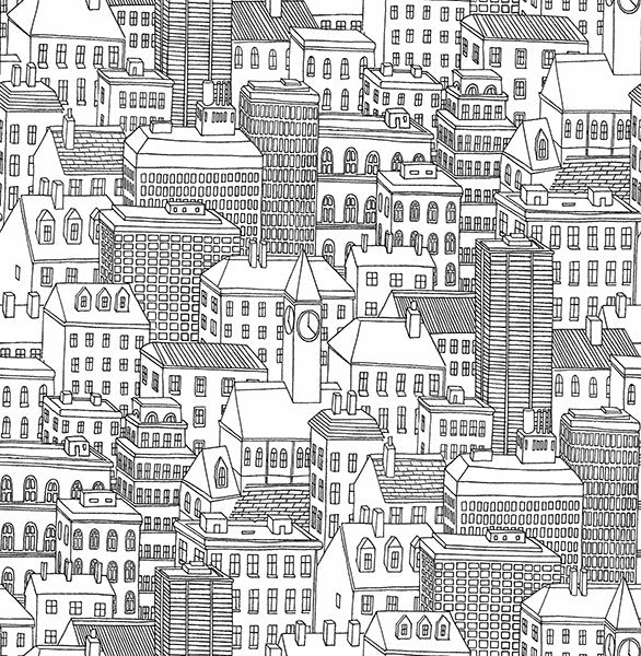 Illustrated Cityscape Wallpaper, Black & White, Sample
