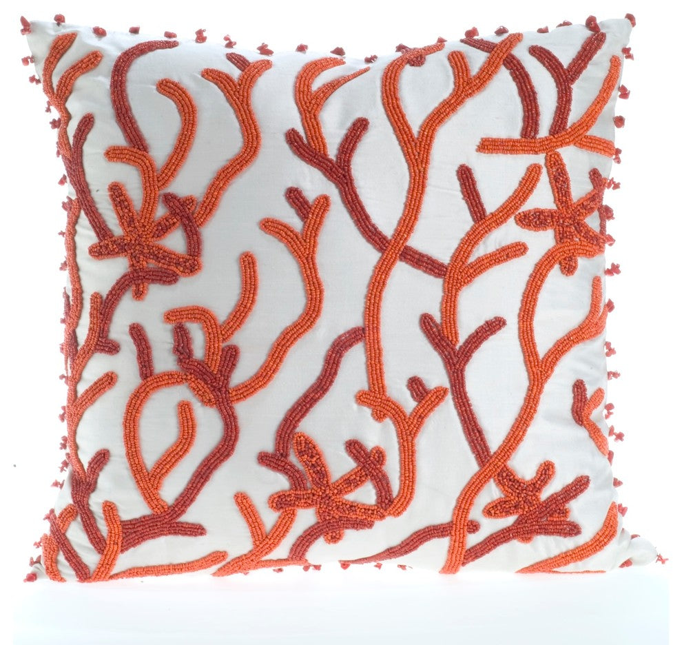 Ivory Silk With Coral Hand Beaded Pillow Cover, 16"