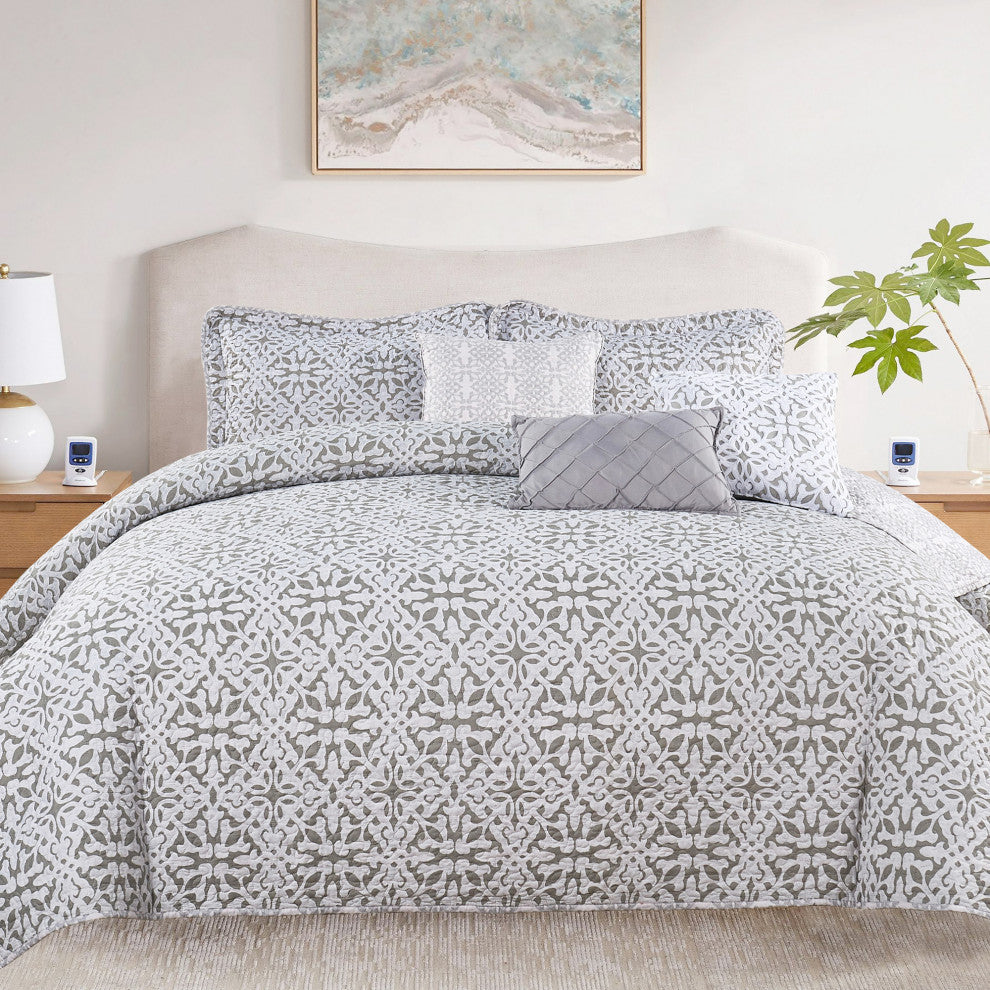 Bellamy Printed Quilted 6-Piece Bed Spread Set, Light Brown/Taupe, King
