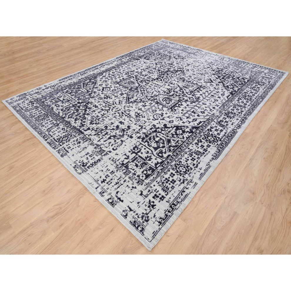 Black Erased Serapi Heriz Design Wool and Silk Hand Loomed Rug 9'0" x 11'10"