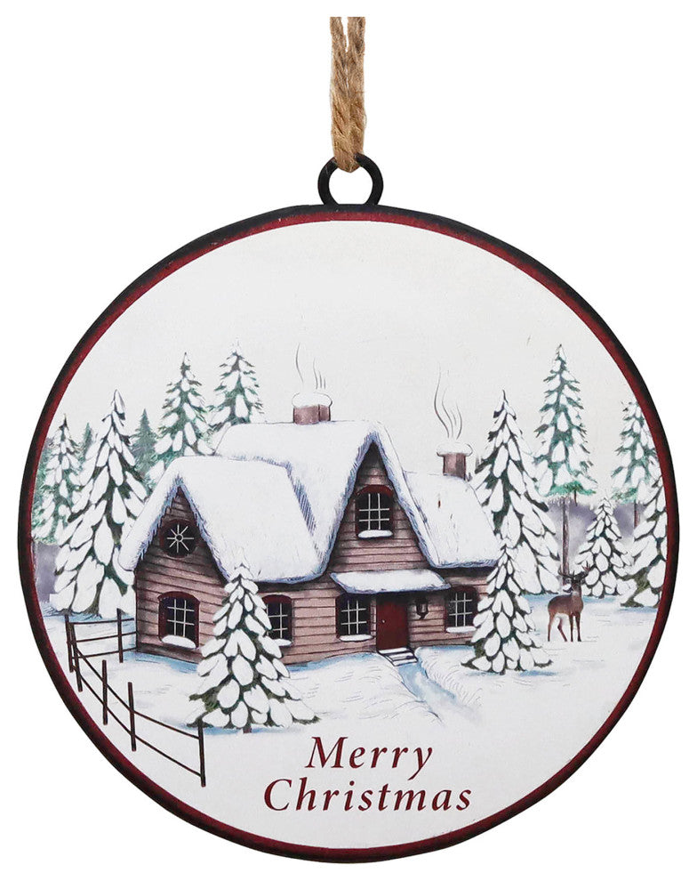 Woodland Winter Cabin Disc Ornament, Set of 12