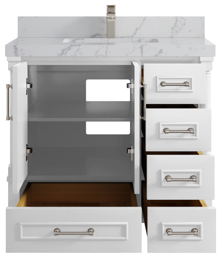 Aberdeen 36 Center Sink Bath Vanity in White 2" Venatino Quartz