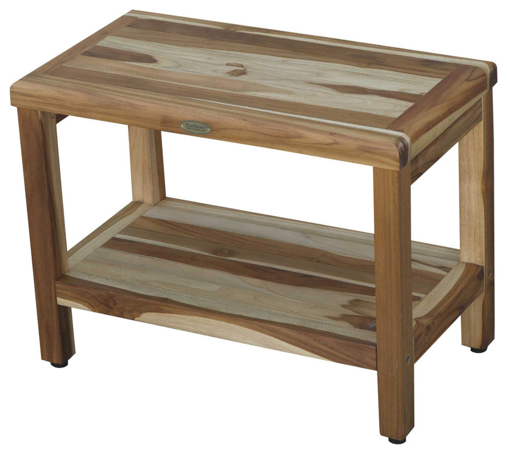 HomeRoots Rectangular Teak Shower Bench With Shelf, Natural Finish