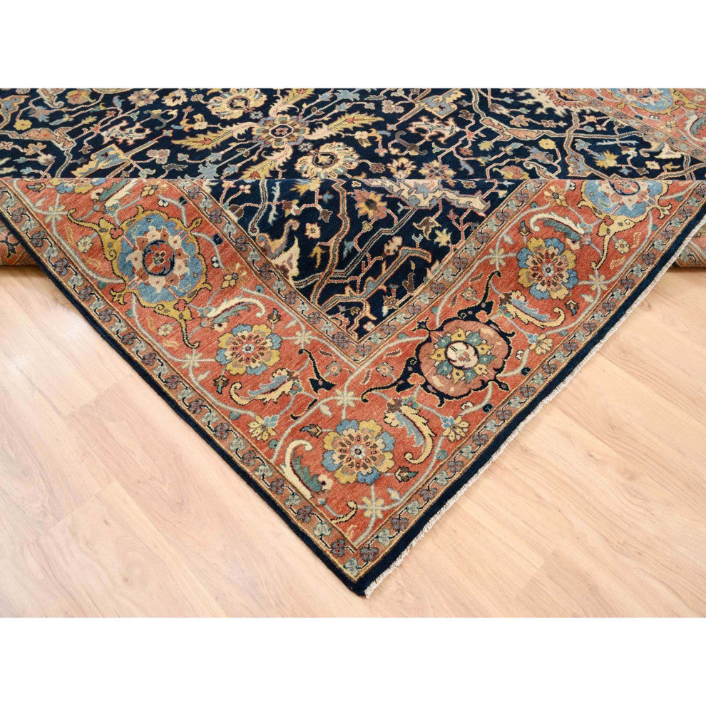 Midnight Blue Antiqued Heriz Soft Wool Hand Knotted Oriental Rug, 8'1"x10'1"