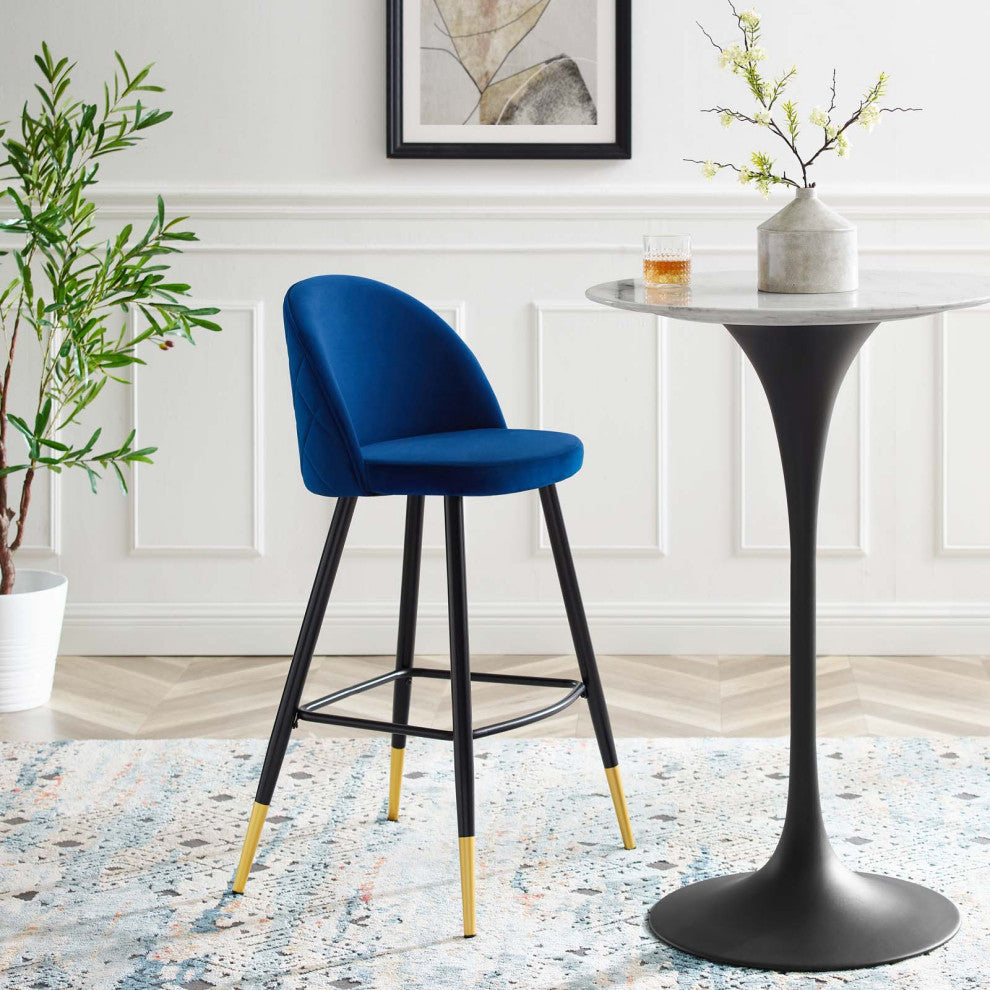 Bar Stool Chair Barstool, Set of 2, Velvet, Metal, Blue Navy, Modern, Bar Pub