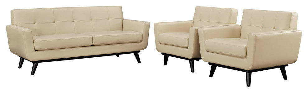 Modway Engage 3 Piece Leather Living Room Set, Beige