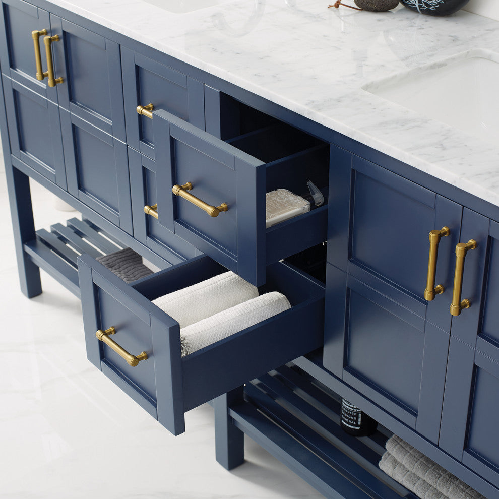 Vinnova Florence 72" Royal Blue Double Vanity W/ Carrara White Marble Countertop