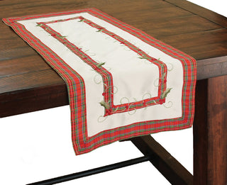 Tartan Ribbon Embroidered Christmas Table Runner, White, 16"x34"
